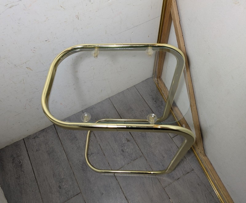 Vintage MCM Milo Baughman Style Brass Tone Cantilever Table Glass Top K87 gallery