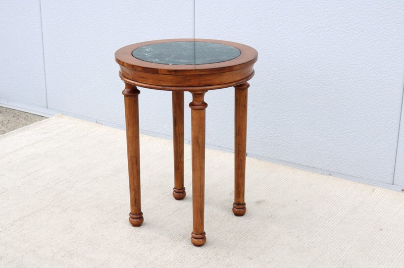 Vintage French Style Distressed Fruitwood and Green Marble Top Tall Side Table gallery