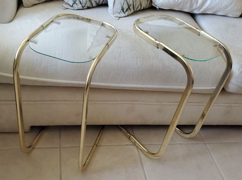 Milo Baughman Style Brass and Glass Cantilever Side End Tables, Pair