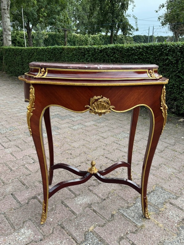 Side Table 1910 French Louis XVI Mahogany Bronze Pink Marble Top gallery