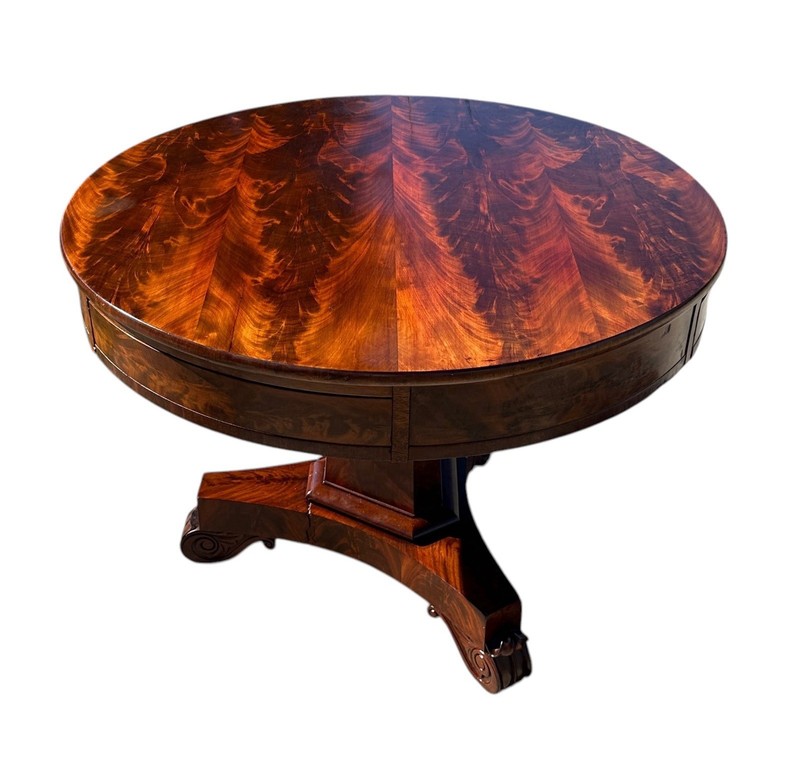 ANTIQUE LATE FEDERAL MAHOGANY THREE DRAWER CENTER TABLE ON OBELISK PEDESTAL BASE gallery