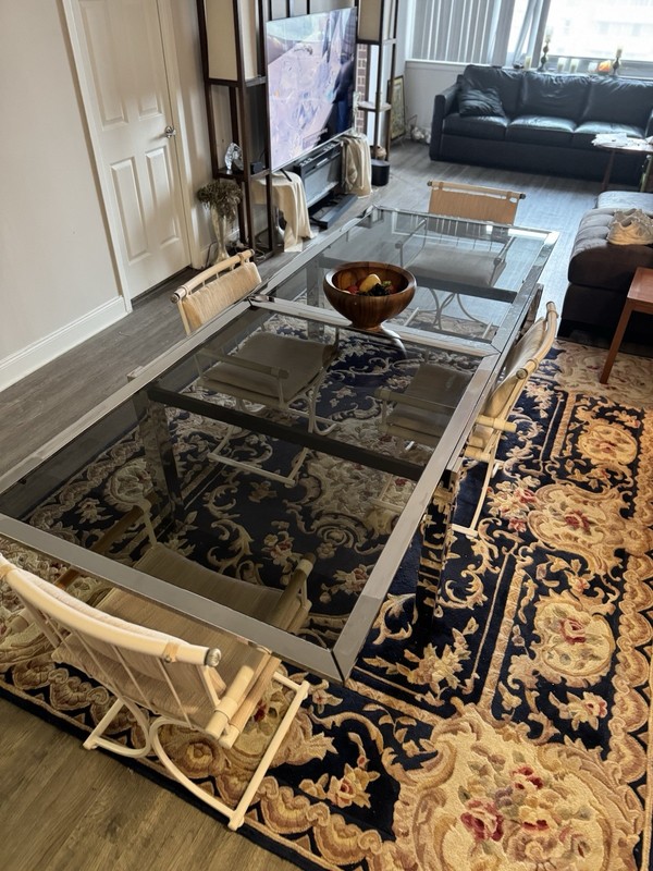 Vintage MCM Milo Baughman Chrome & Glass Dining Table w Expanding Leaves