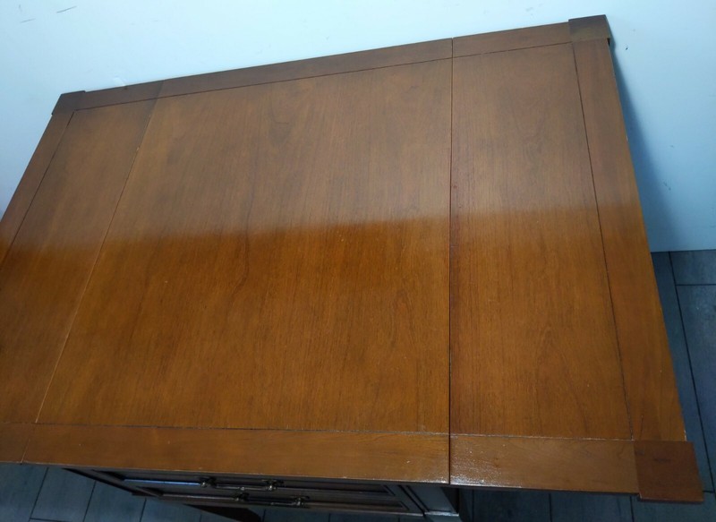 Vintage Mid Century Drop Leaf Rolling Wood Table Nelsonized Drawer Brass Feet gallery