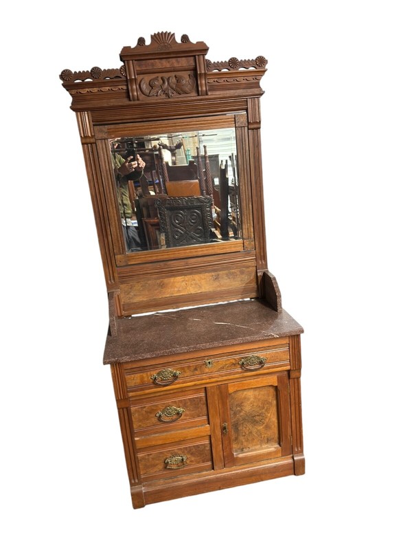 Antique victorian burl walnut high back washstand project marble top ornate 1880 gallery