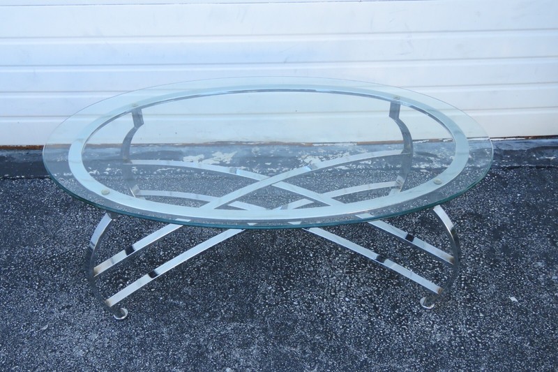 Hollywood Regency Mid Century Chrome Oval Glass Top Coffee 3514 gallery