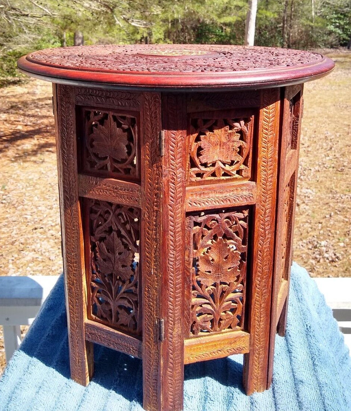 Amazing Antique Inlaid Beautifully Hand Carved Octagonal Indian Side Table gallery
