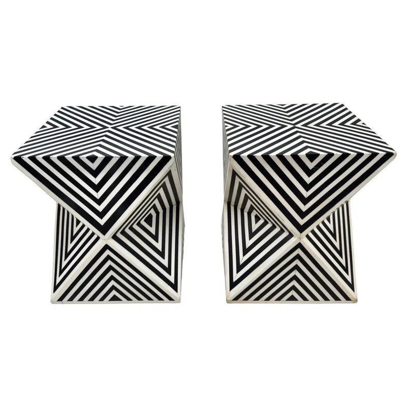 Art Deco Style Black and White Resin Sculptural Side, End Table or Stool, a Pair