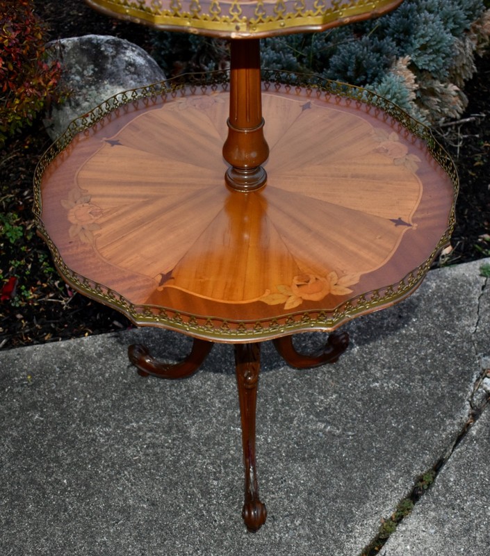 Vintage Two Tier Carved & Inlaid French Style Table w/Brass Gallery gallery