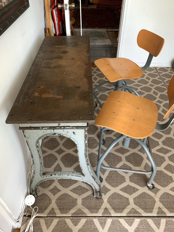 INDUSTRIAL STEEL TABLE W/DRAFTING CHAIRS