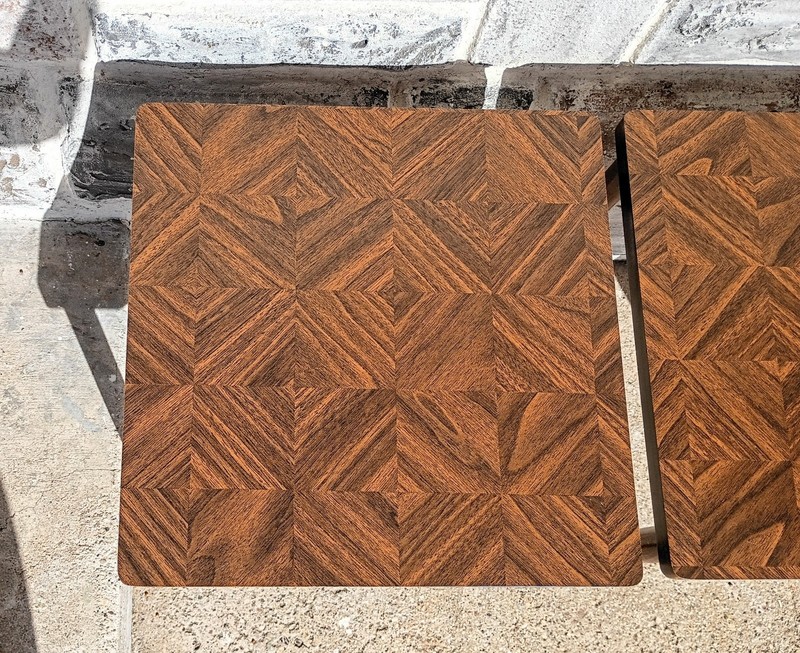 3 Vintage Mid Century Inlaid Look Woodgrain Laminate Stacking Nesting End Tables gallery