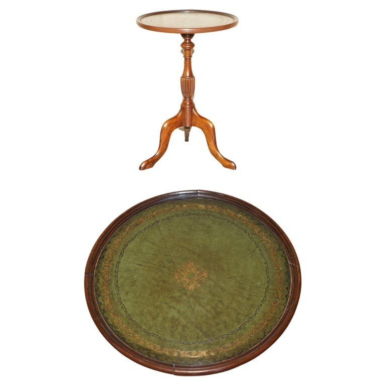 VINTAGE 1930’S MAHOGANY HERITAGE GREEN LEATHER TRIPOD SIDE END LAMP WINE TABLE