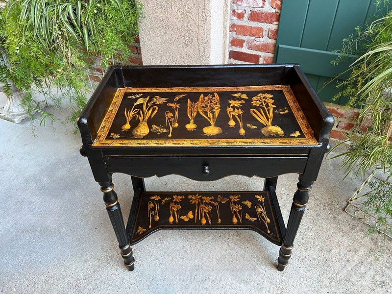 Antique English Sofa Side Table Decoupage Botanical Floral Black Gold c1890 gallery