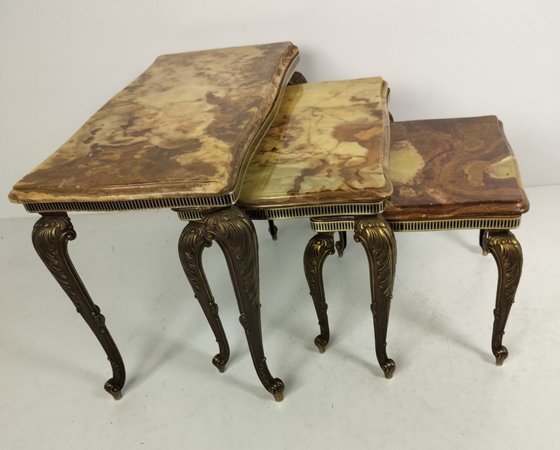 Set of 3 Nesting Stacking Coffee Side Tables Marble Onyx Brass Hollywood regency gallery