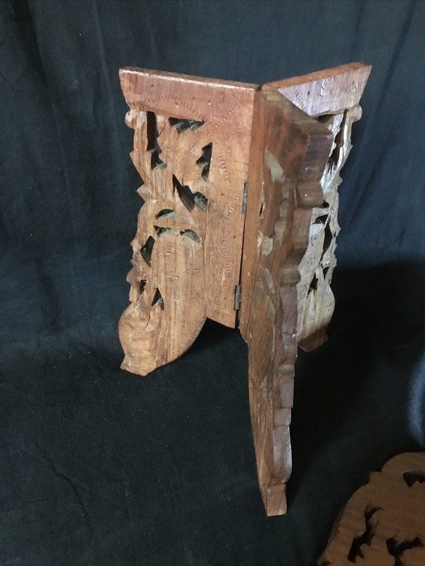 Antique Hand Carved Folding Indian Side Table Plant Stand 9" Dia 9.5" H gallery