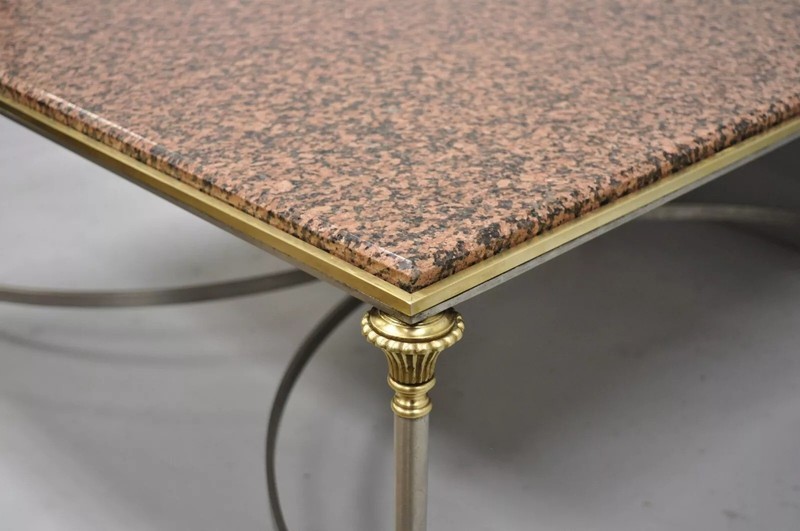 Italian Neoclassical Maison Jansen Style Steel & Brass Marble Top Coffee Table gallery