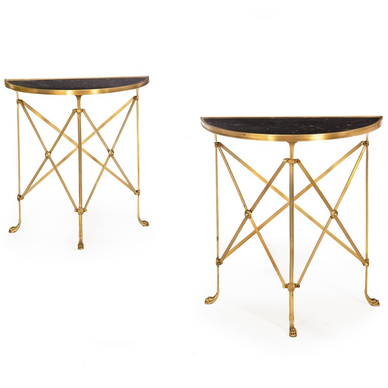 Pair of Bronze and Black Granite Demilune Console Tables, Manner of Jansen