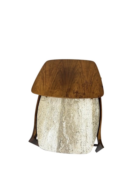 Mid Century Bertha Schaefer Walnut Travertine Top Step Side End Tables Stands gallery