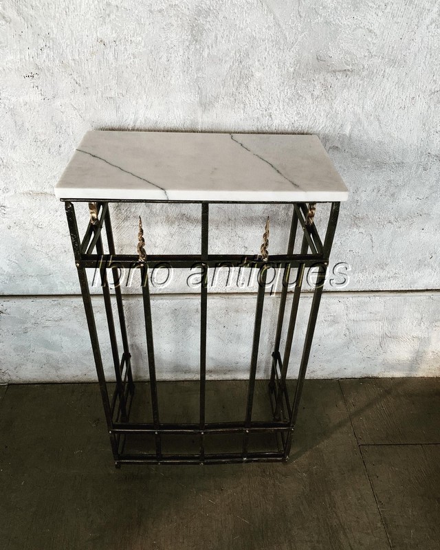 1900's WORIGHT IRON PETITE WALL CONSOLE TABLE W/ MARBLE TOP. "FLAMES" DETAILS gallery