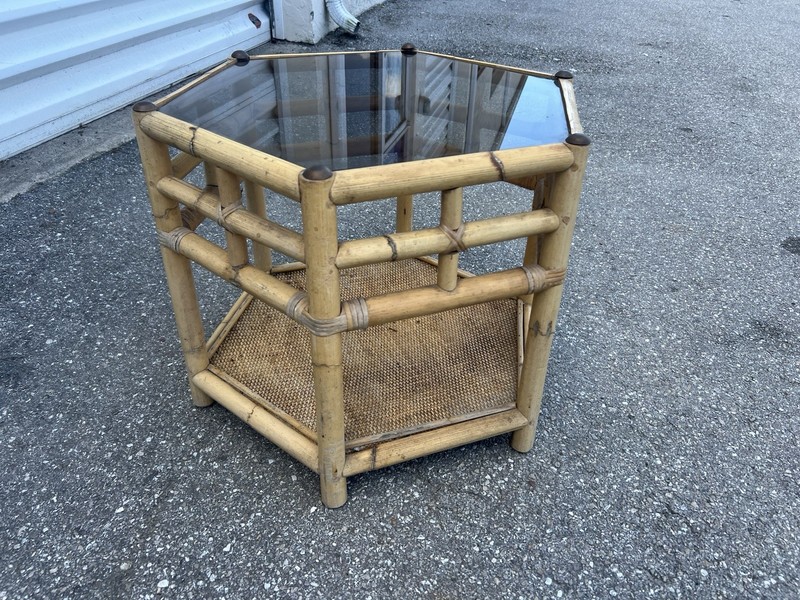 VTG Mid Century Tortoise Shell Rattan Bamboo Hexagon Glass Top Side/End Table gallery