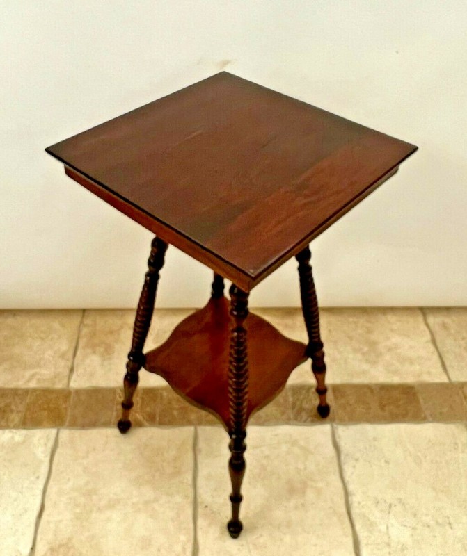 Antique Victorian Square Table with bottom shelf two tier Solid Mahogany gallery