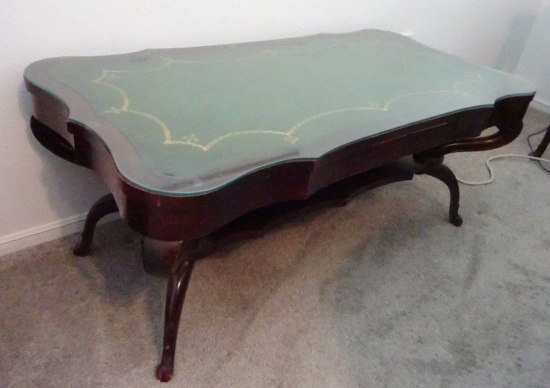 Rare Bevan Funnel Green Tooled Leather Top Coffee Table Gold Accents Mahogany gallery