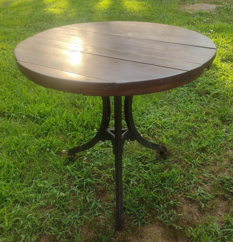 Antique Industrial Iron Table Tri-Pod Base Round Wooden Top Old Tavern Table
