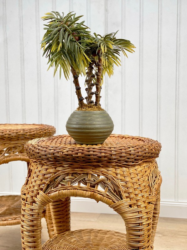 Vintage Coastal Boho Natural Wicker Round Plant Stand End Tables - A Pair gallery