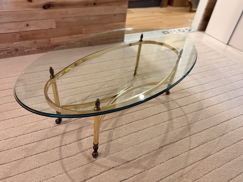 Vintage Labarge Hollywood Regency Brass & Glass Hooved Feet Coffee Table 60’MCM gallery