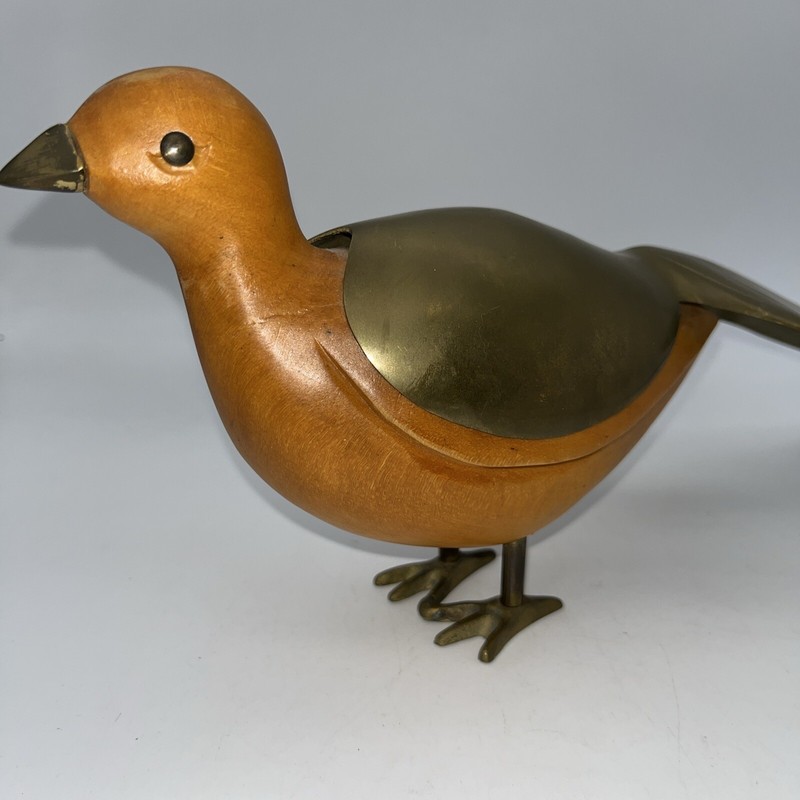 Vintage Carved Bird Peacock Wood And long Brass Feather Tail Nice Condition!! gallery