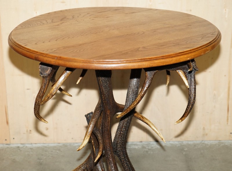ANTIQUE GERMAN BLACK FOREST CARVED RAMS HEAD ANTLER SUPPER TABLE PART OF A SUITE gallery