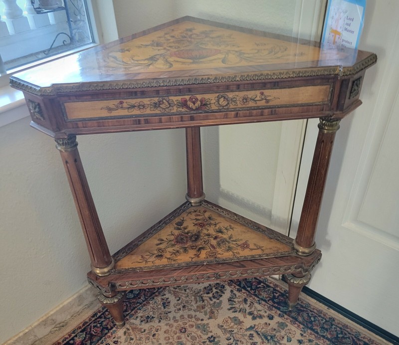 Italy Brass Mount Corner Table Planter Stand Ornate Hand Painted Gallery Wood!