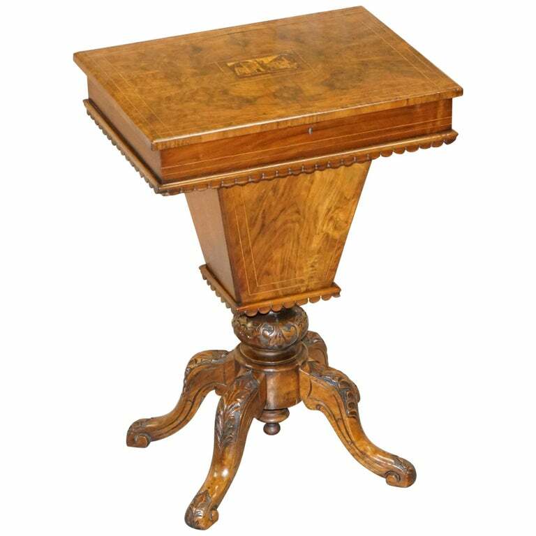 RARE RESTORED BURR WALNUT & TUNBRIDGE INLAID SEWING WORK BOX TABLE CARVED FEET