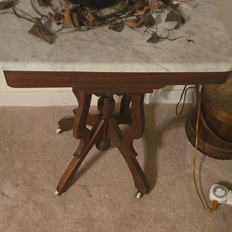 Victorian Antique Marble Top Side Table Ornate Carved Wood 33x18x28″
