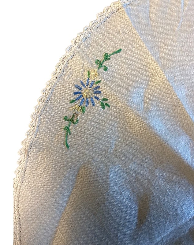 15” Vintage Small Round Emboidered Table Cloth With Lady And Flower (Handmade) gallery