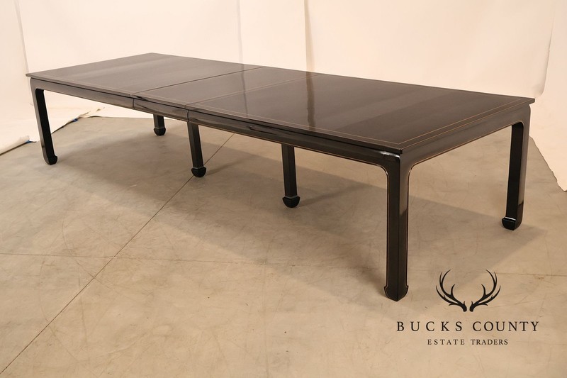 Custom Black Lacquered 12 Foot Extendable Dining Table With Gold Line Inlay gallery