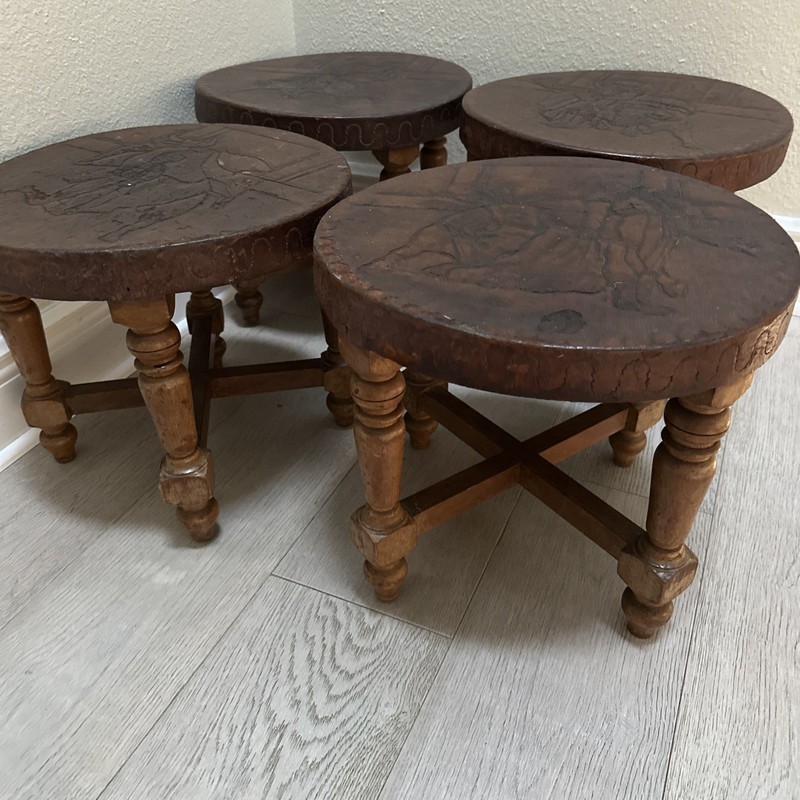Peruvian Hand Tooled Punched Leather South American Wooden Stools Bull & Matador gallery