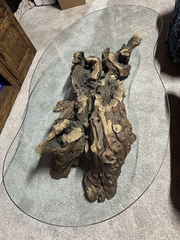 Mesquite Table, burl legged, with glass table top
