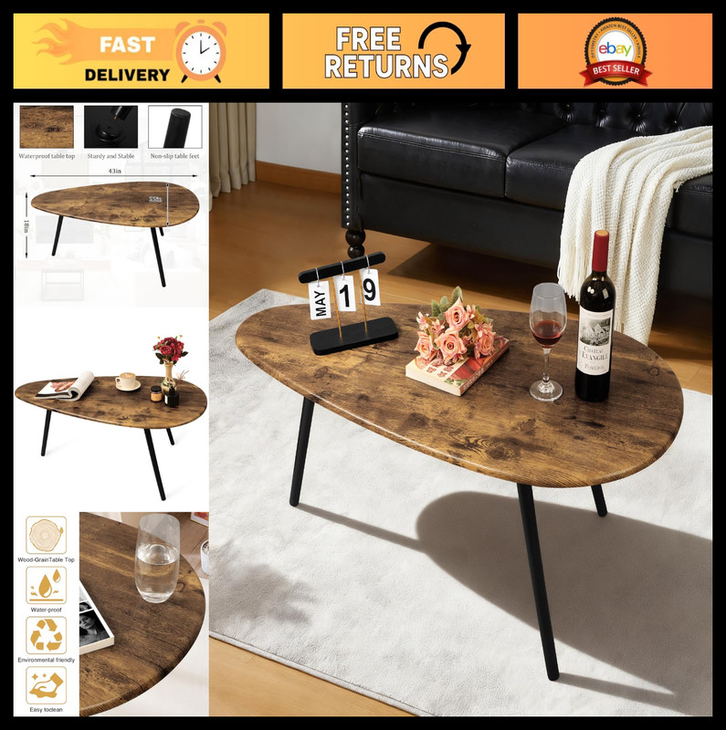 Stylish Mid Century Modern Coffee Table – Rustic Oval Accent Table for Living Ro