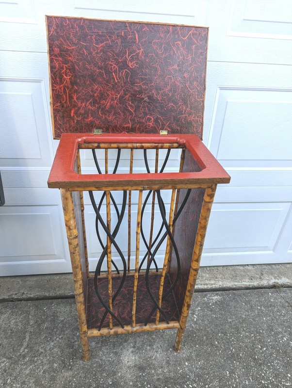 Vintage Edwardian Bamboo Stand Table Accent Display Bar Cabinet Red Floral RARE gallery