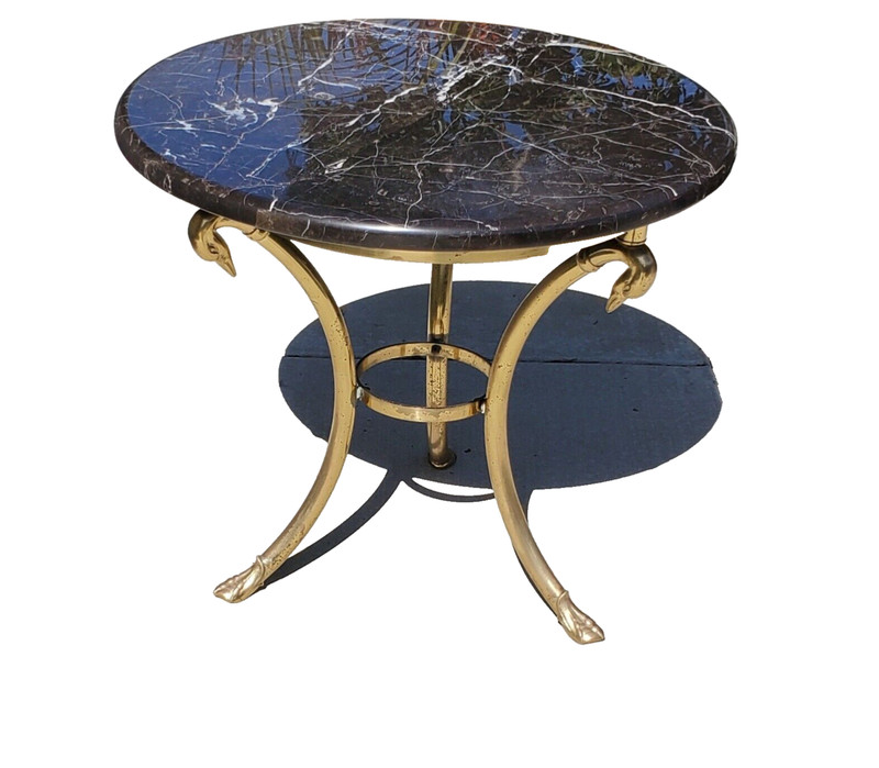 Mid Century Modern Custom Marble Top Brass Swan Neck 30″ Table Hollywood Regency