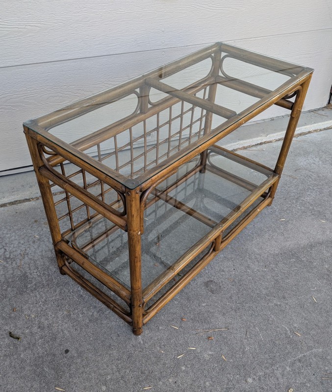 Vintage Mid Century Modern Boho Chic Bamboo Rattan 2-Tier Glass Console Table gallery