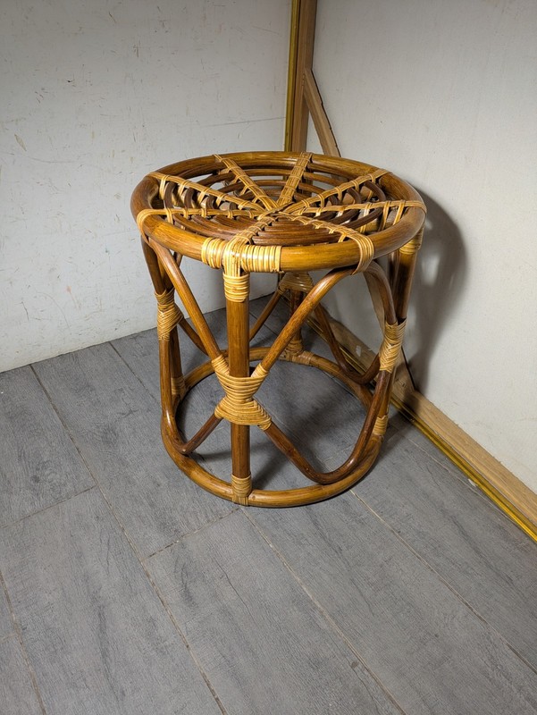Vintage MCM Boho Chic Bamboo Rattan Round Table Stool Coastal Tiki Plant Stand gallery