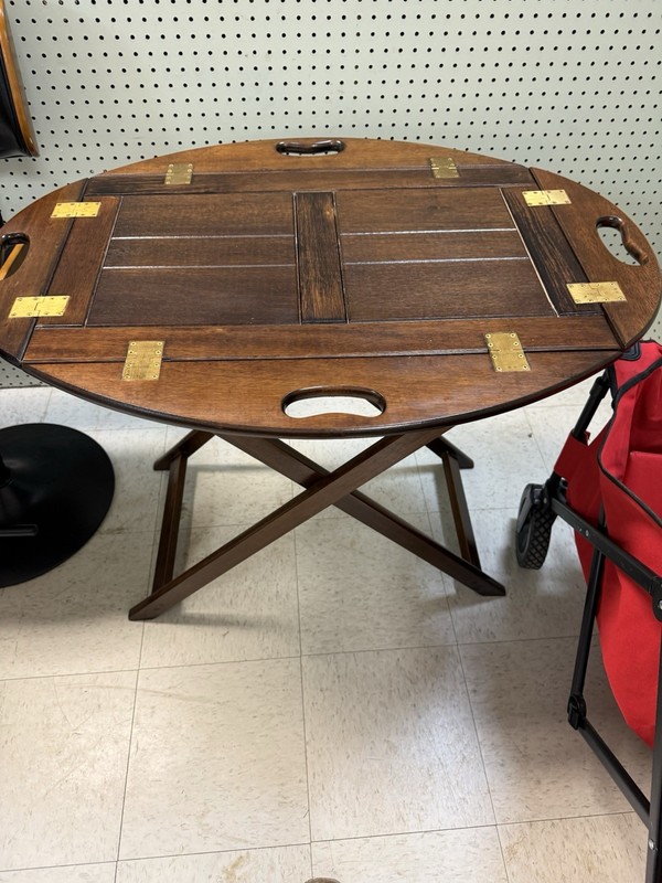 Antique English Mahogany Butler’s Serving Tray Table w Folding Stand