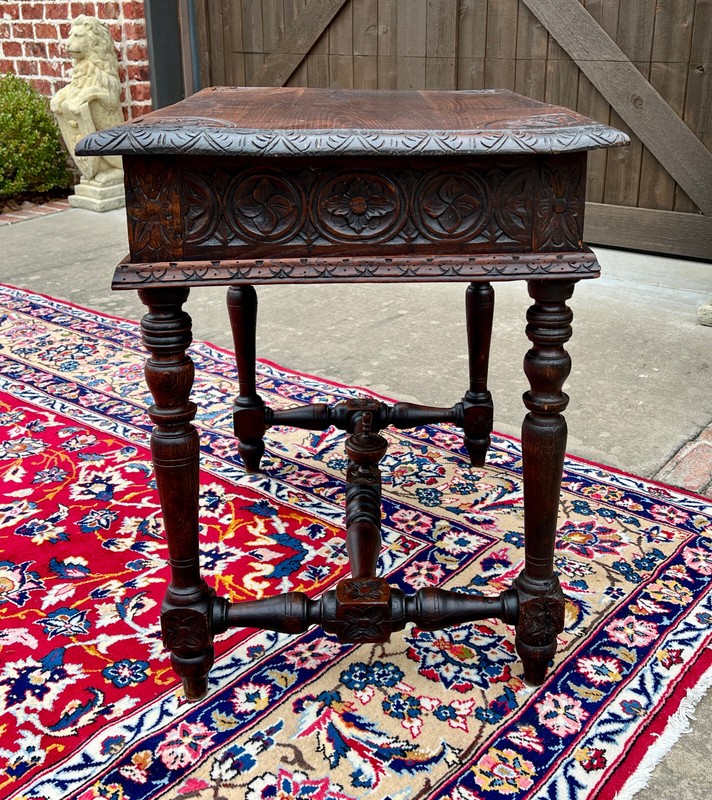 Antique French Desk Writing Table Nightstand PETITE Drawer Carved Oak c. 1900 gallery