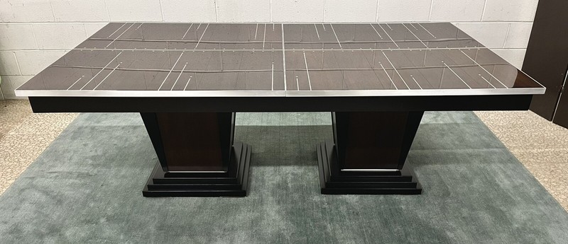 Custom Walnut Art Deco Pedestal Dining Table for 12; Stainless Inlay; 84"-129" gallery
