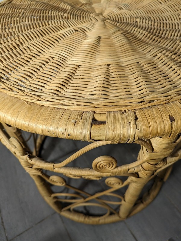 Vintage Boho Chic Wicker Rattan Peacock Spiral Round Drum Table Plant Stand gallery