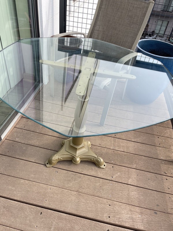 Antique Bistro Table w 39” Hexagon Glass Top Resting On 29-1/2” Cast Iron Base gallery