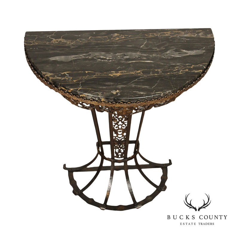 1920’s Art Deco Marble Top Wrought Iron Demilune Console Table