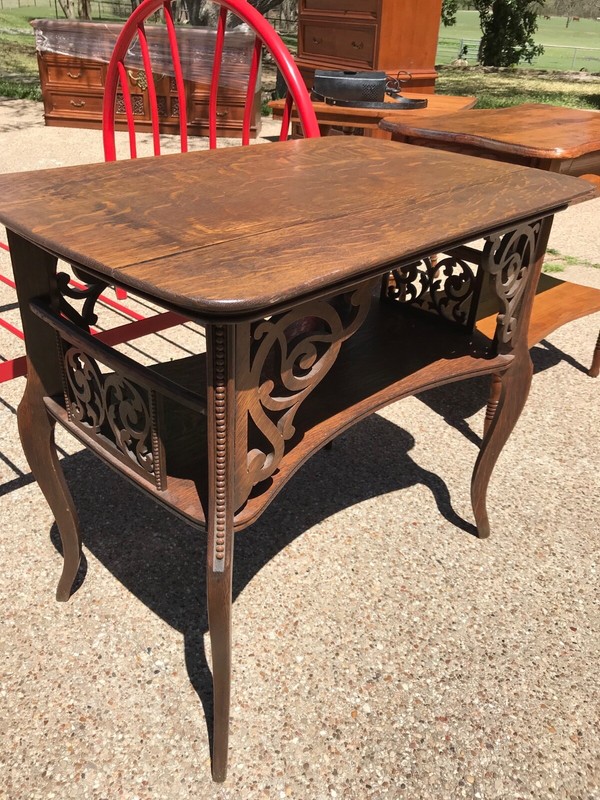 antique tiger oak end table lamp table accent table scroll cutout detail