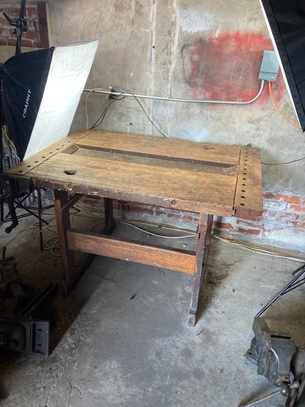EH Sheldon 2 Student Wood Work Bench Vise Shop Table 1900s gallery